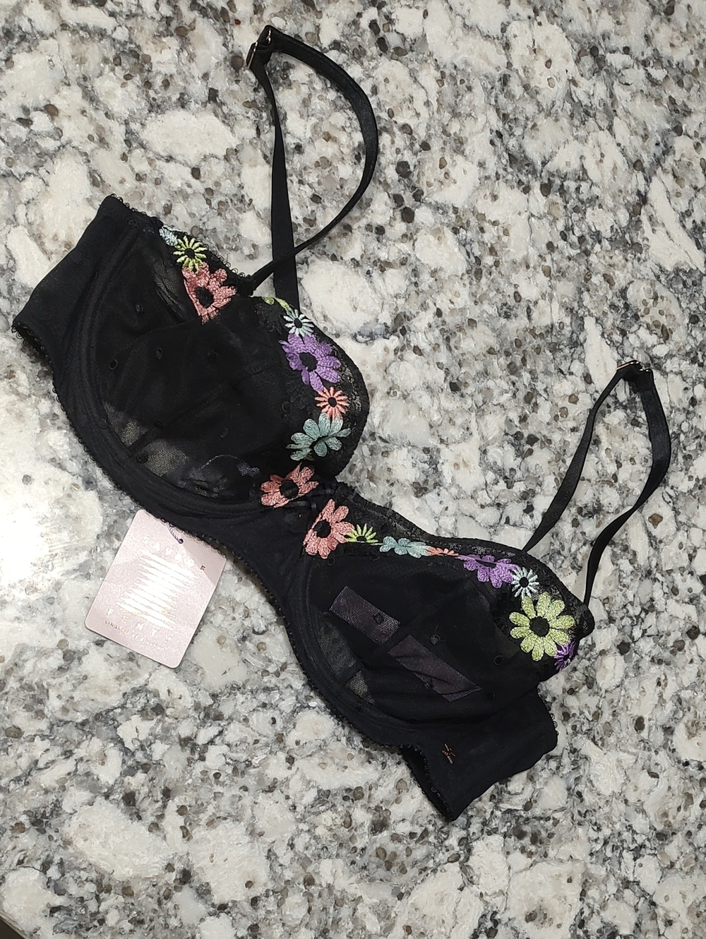 Savage X Fenty Black Bra with Multicolor Floral Embroidery
